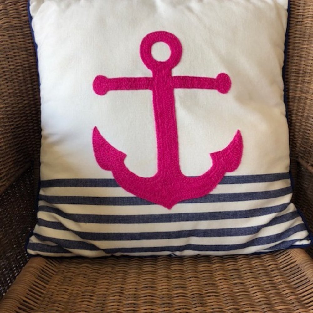THRESHOLD Nautical Anchor Fuchsia Blue White Stripe Throw Pillow 18 x 18 - Picture 5 of 13